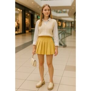 Mea Culpa Yellow Pleated Mini Skirt SZ Small Blokette Y2K Modesty Lining Luxury‎